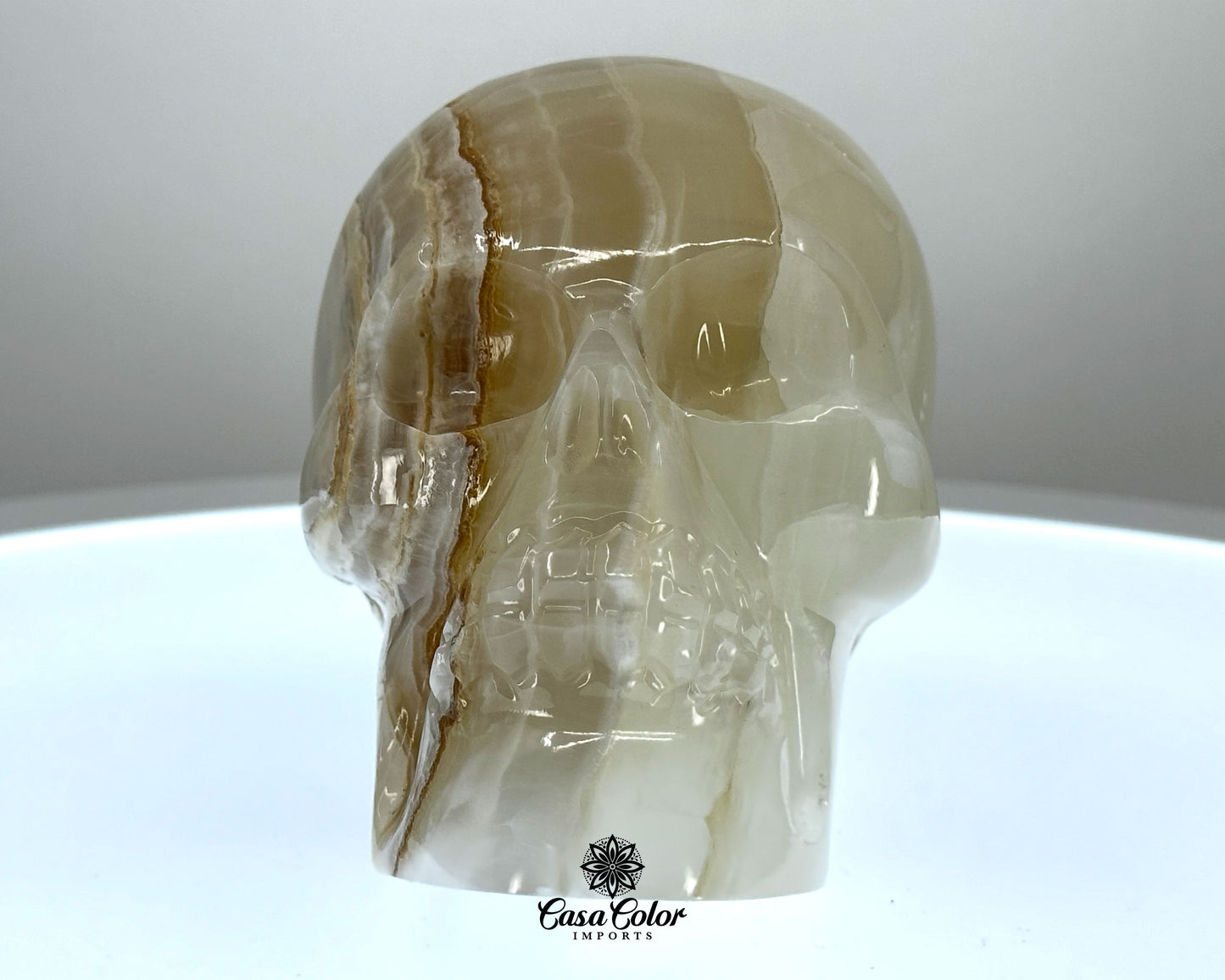 Beige and White Calcite Onyx Hand Carved Realistic Skull - 4.75"