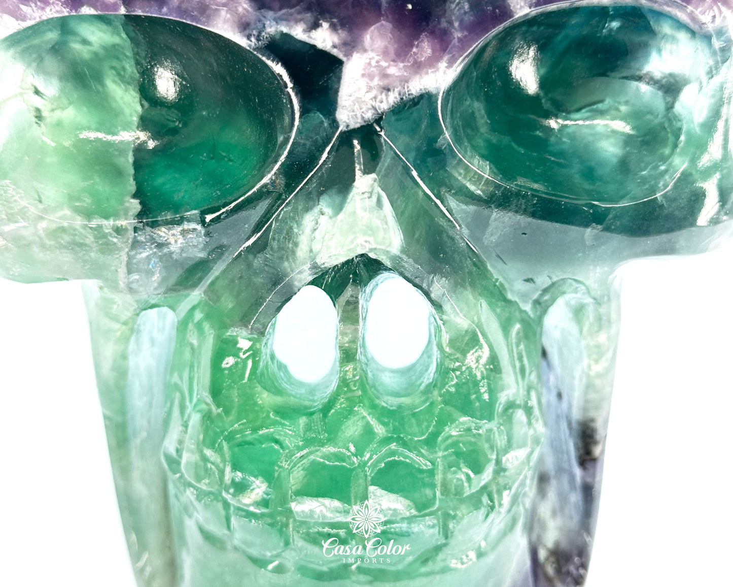 8.5" Real Fluorite Hand Carved Crystal Skull, Super Realistic, Crystal Healing