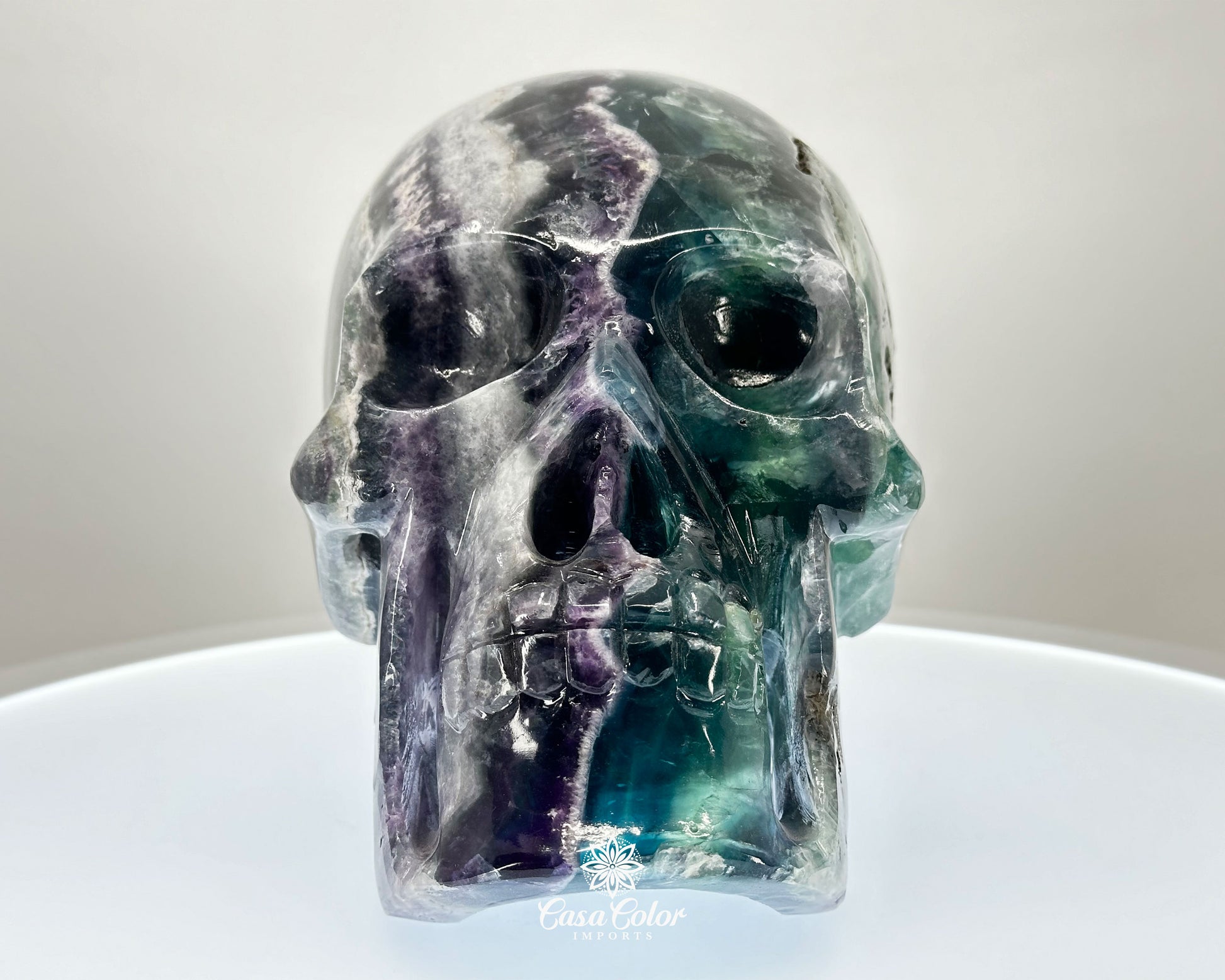 8" Real Fluorite Hand Carved Crystal Skull, Super Realistic, Crystal Healing