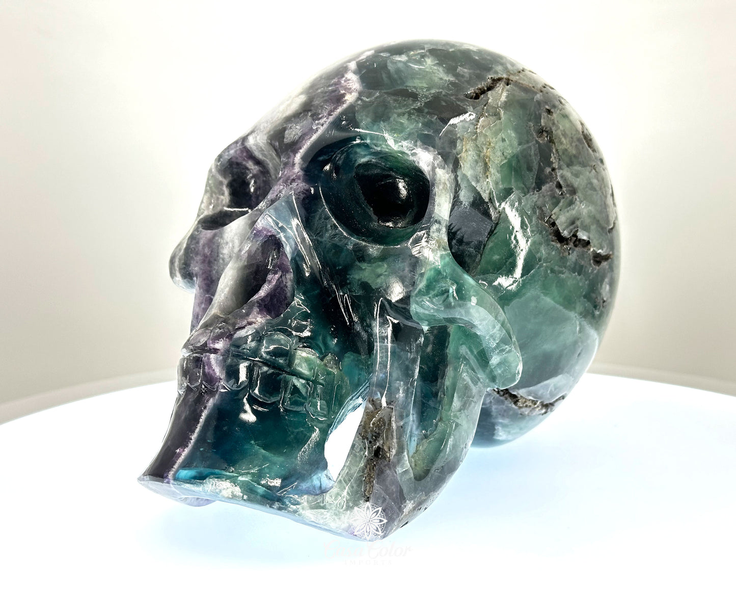 8" Real Fluorite Hand Carved Crystal Skull, Super Realistic, Crystal Healing