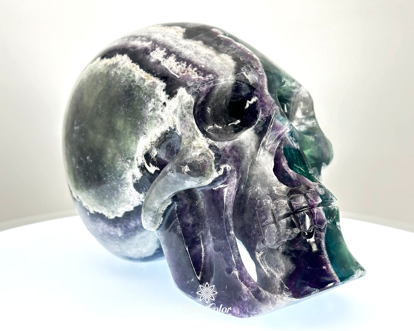 8" Real Fluorite Hand Carved Crystal Skull, Super Realistic, Crystal Healing