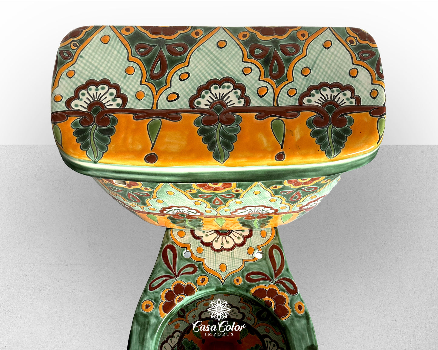 10 Piece Talavera hand painted Green/Orange Bathroom fixtures/ Home Decor/ Mediterranean style. FREE SHIPPING.