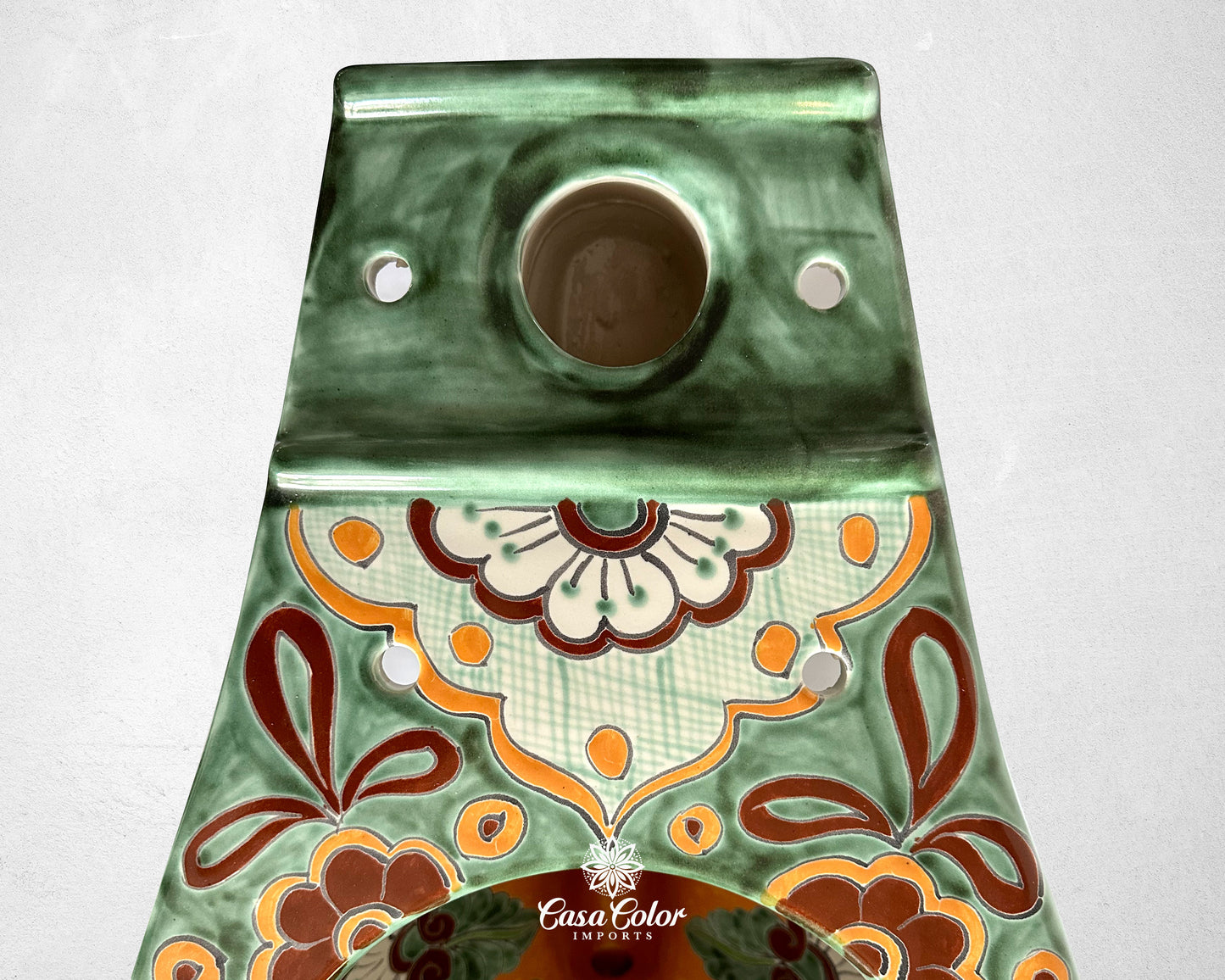 10 Piece Talavera hand painted Green/Orange Bathroom fixtures/ Home Decor/ Mediterranean style. FREE SHIPPING.