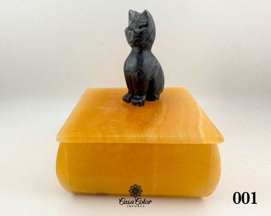 Yellow Onyx jewelry box  with a sophisticated  carefully hand carved black marble cat statue. 