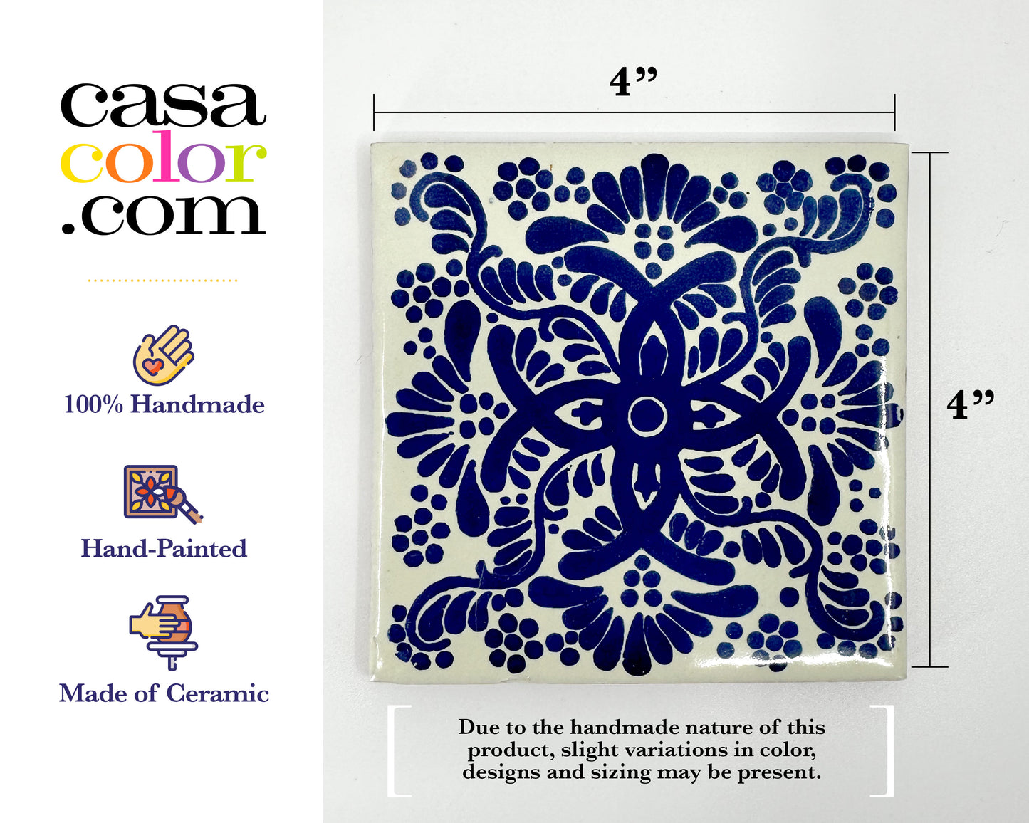 25 Blue/White Flower Decorative Talavera Tile. Mexican Tile Style. 4x4