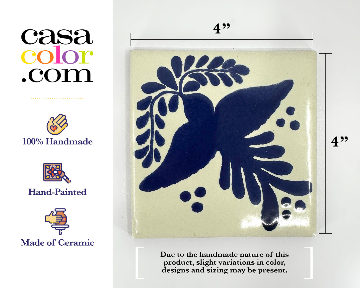 25 Blue/White Decorative Mexican Talavera Tile. Flying Bird Colonial Style 4x4