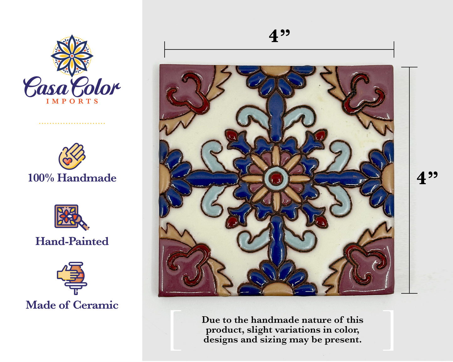 25 Unique Beige and Blue Multicolor Decorative Talavera Tile, 4X4. Mexican Tile, Moroccan Style.