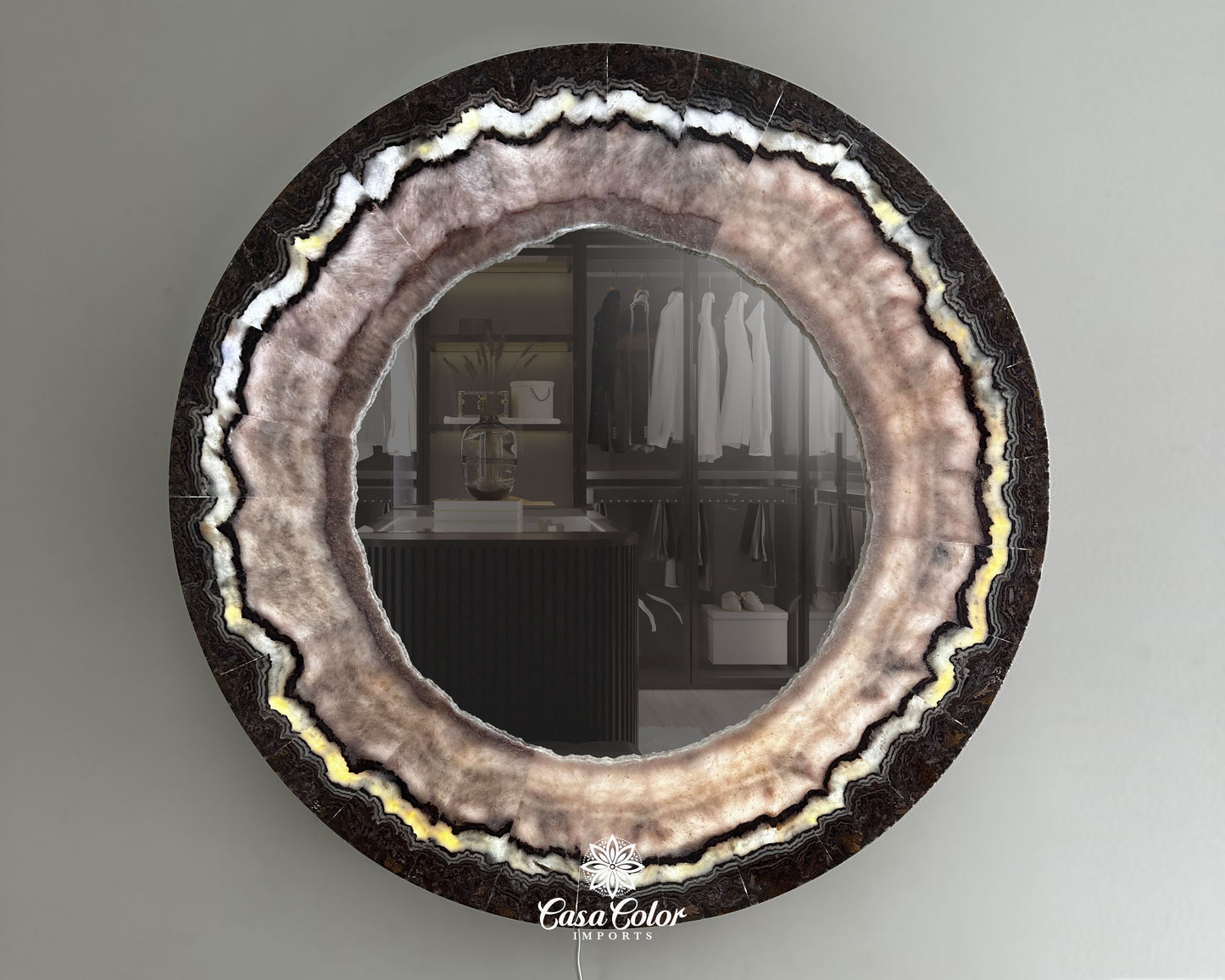 Large Brown/Purple Crystal Onyx Circular Wall Mirror 40" Diameter