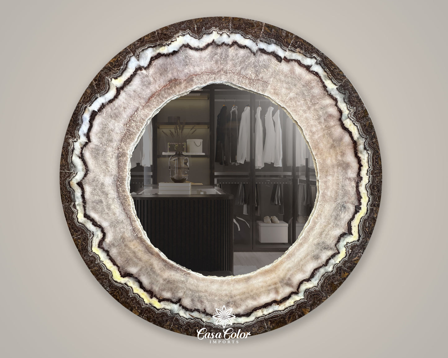 Large Brown/Purple Crystal Onyx Circular Wall Mirror 40" Diameter