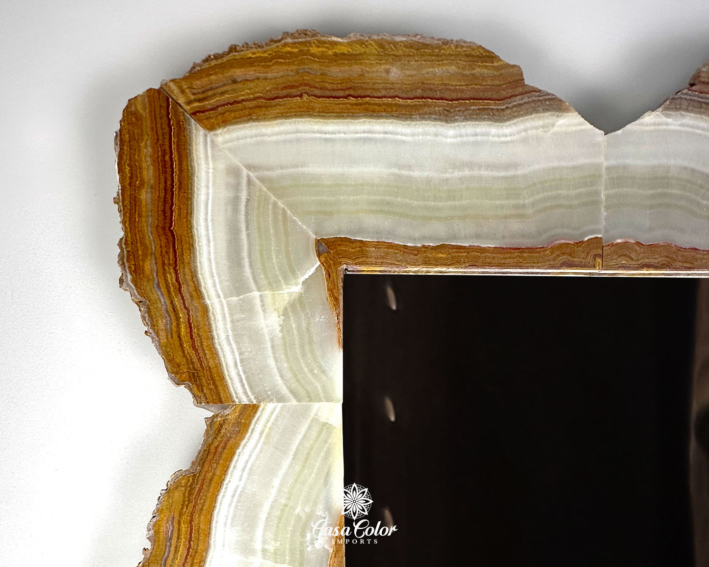 Large Onyx Mirror with Raw Edges, LED Back Light.  Caramel and White Onyx Mirror.