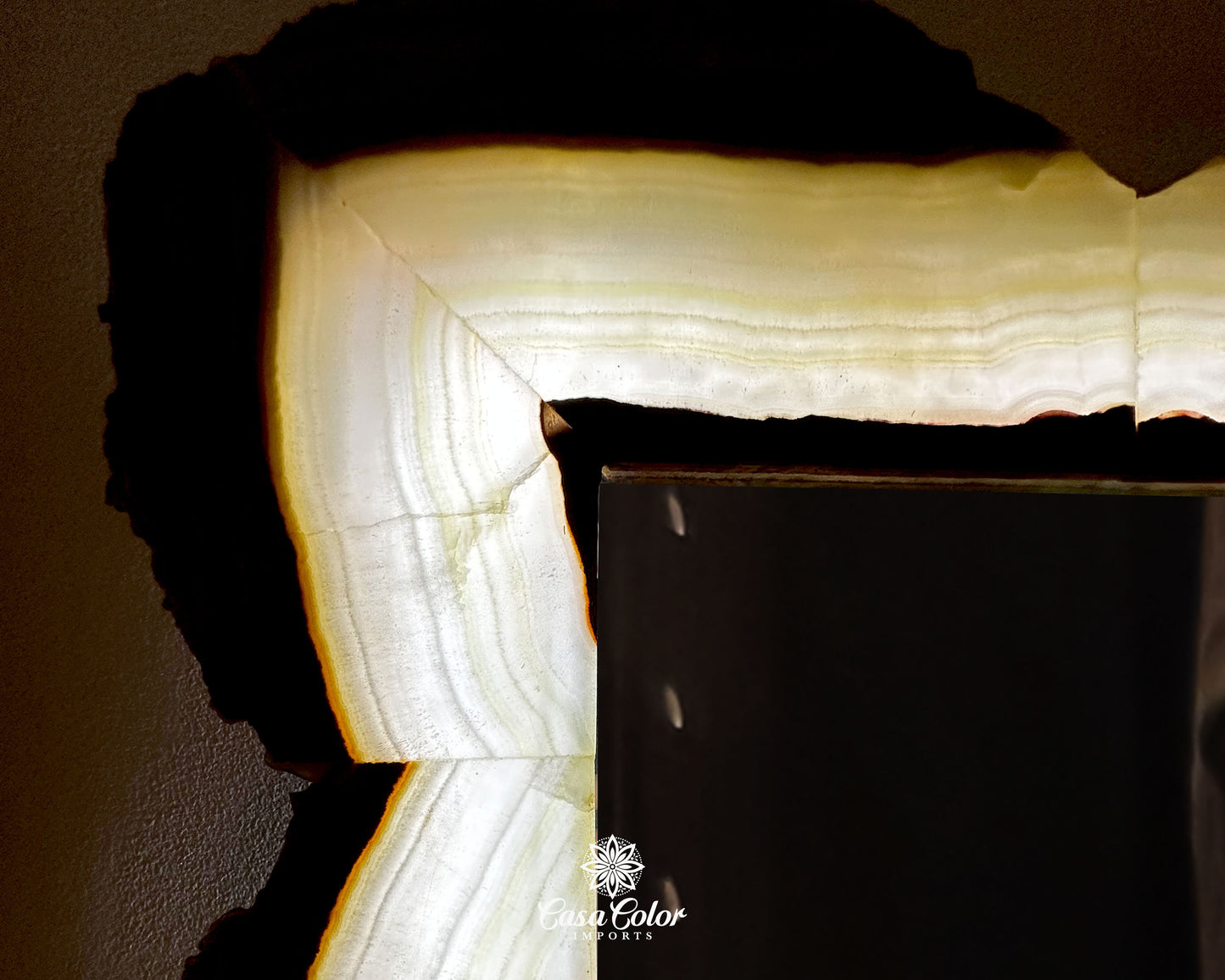 Large Onyx Mirror with Raw Edges, LED Back Light.  Caramel and White Onyx Mirror.