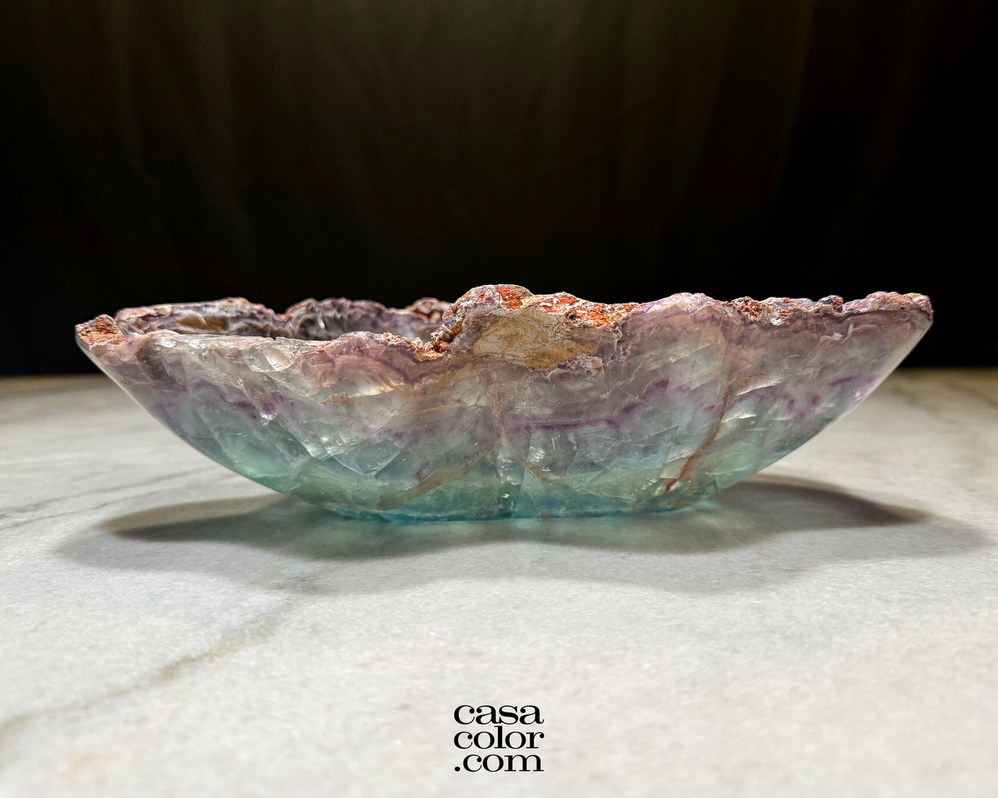 Hand Carved Green and Purple Translucent Fluorite Crystal Bowl