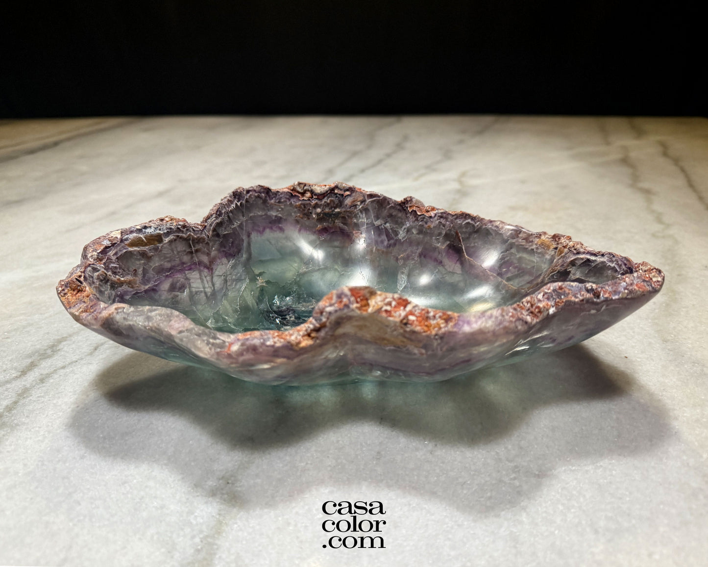 Hand Carved Green and Purple Translucent Fluorite Crystal Bowl