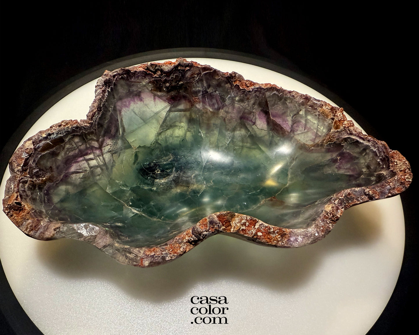 Hand Carved Green and Purple Translucent Fluorite Crystal Bowl
