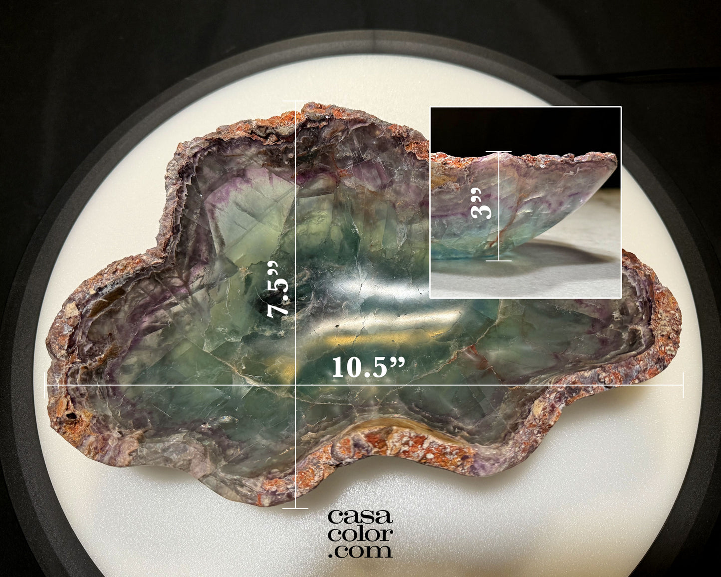 Hand Carved Green and Purple Translucent Fluorite Crystal Bowl