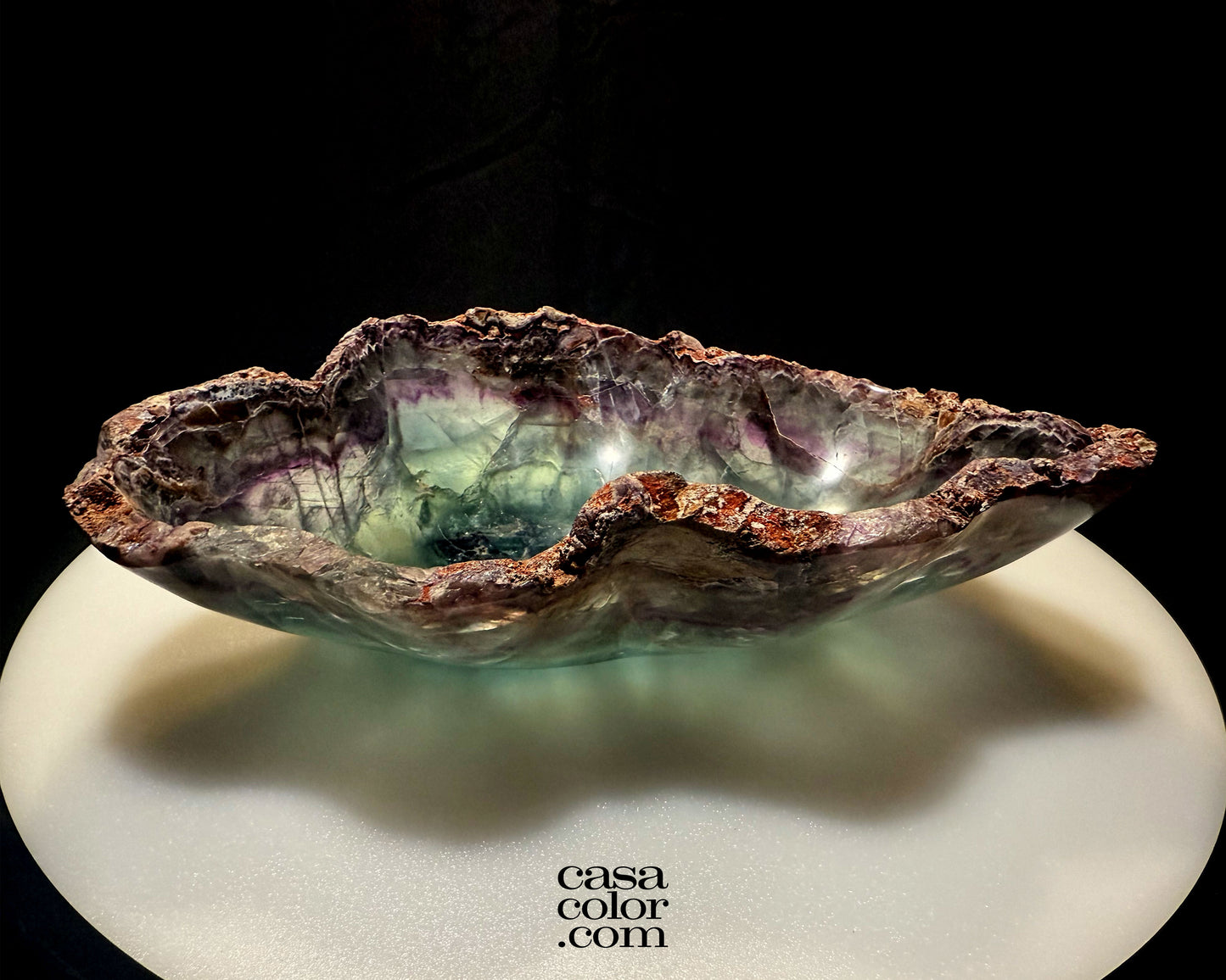Hand Carved Green and Purple Translucent Fluorite Crystal Bowl