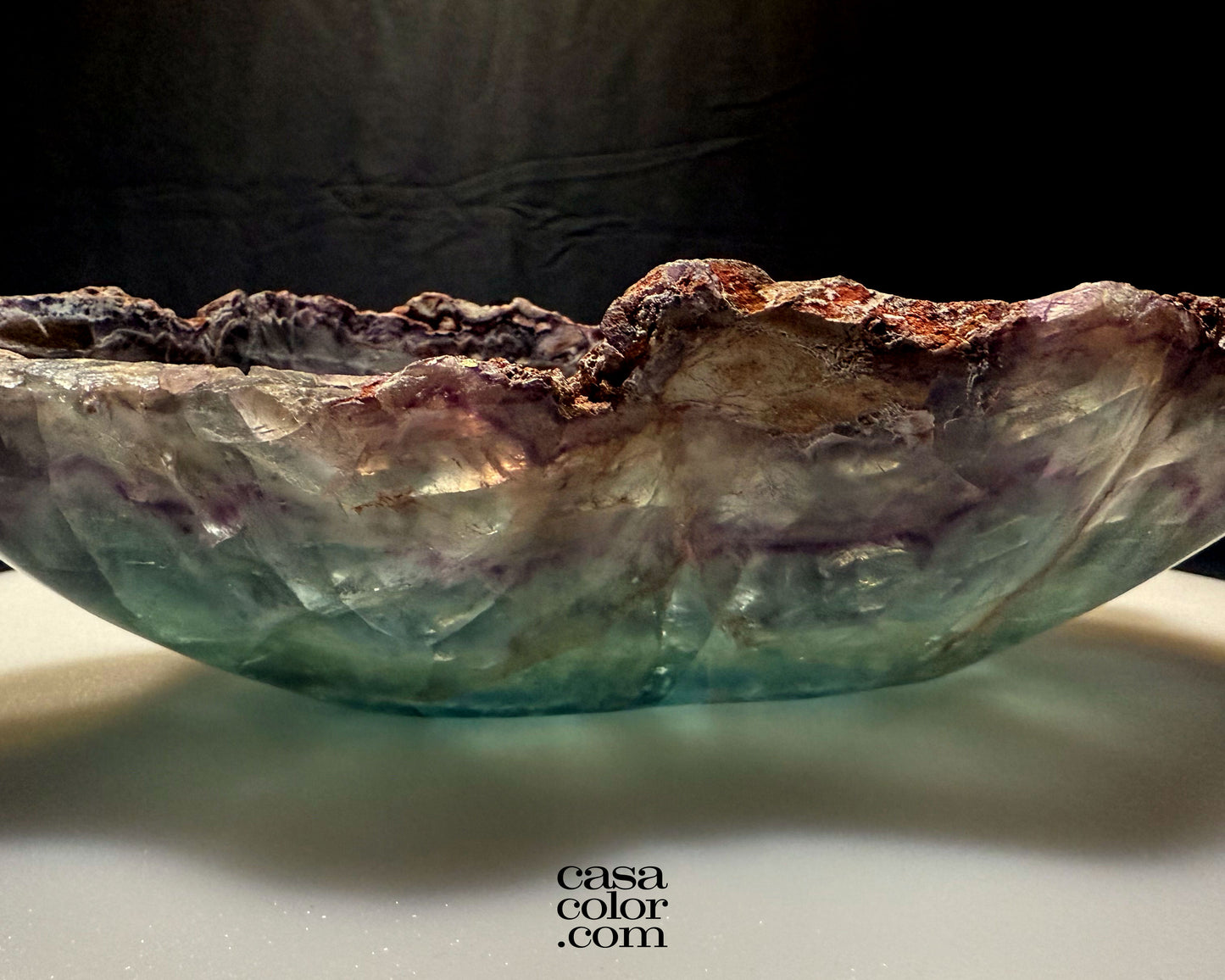 Hand Carved Green and Purple Translucent Fluorite Crystal Bowl