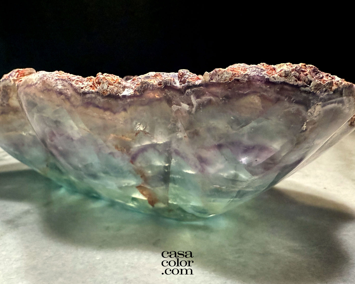 Hand Carved Green and Purple Translucent Fluorite Crystal Bowl