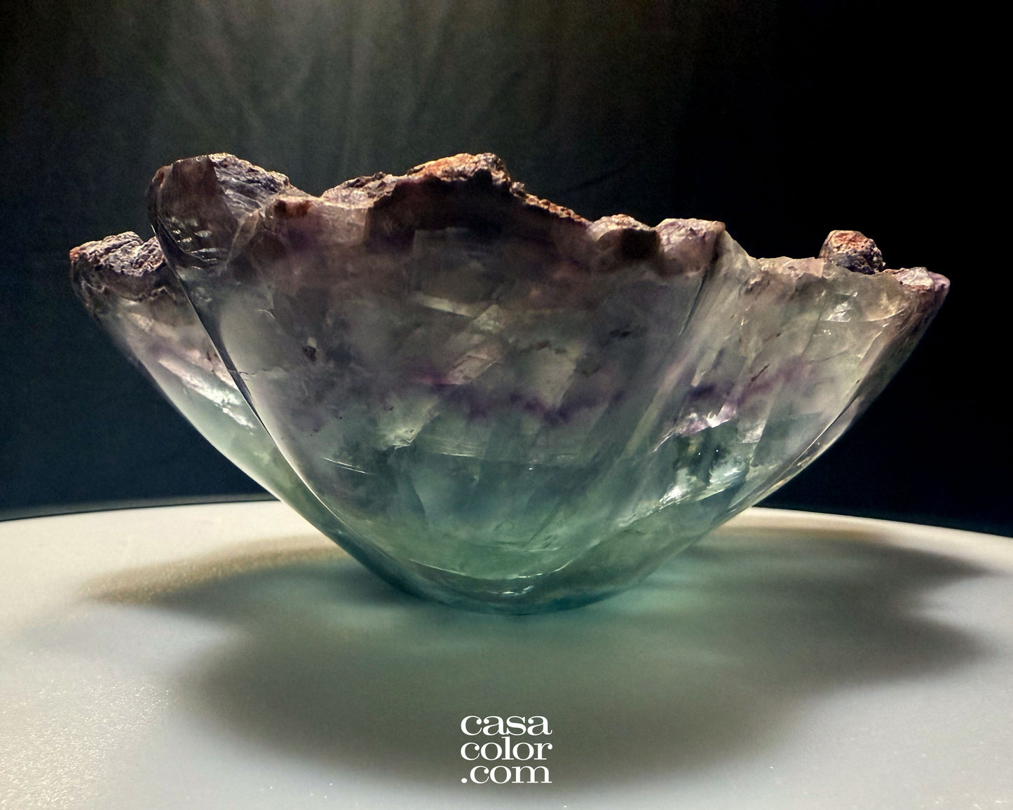 Hand Carved Green and Purple Translucent Fluorite Crystal Bowl