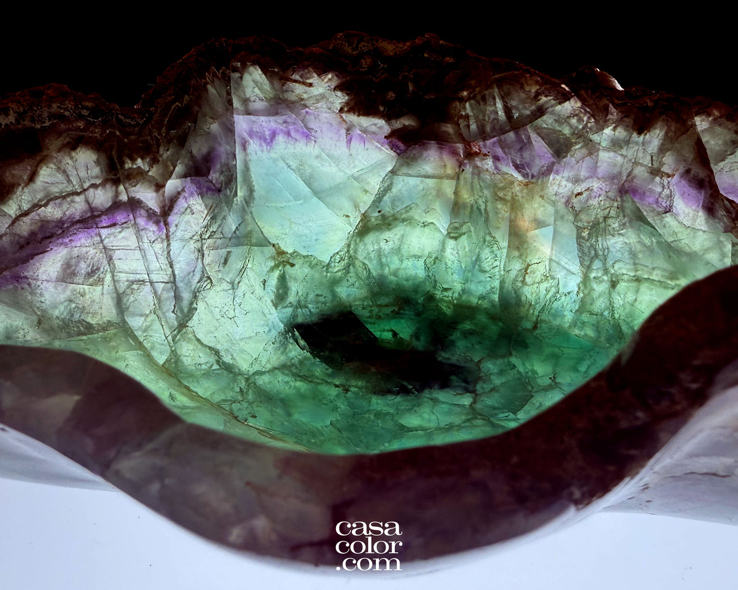 Hand Carved Green and Purple Translucent Fluorite Crystal Bowl