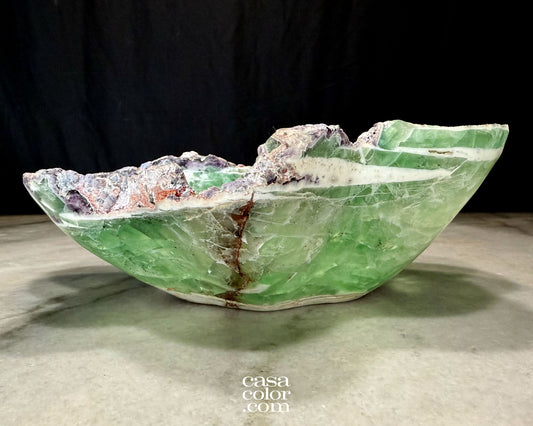 Large Hand Carved Green Translucent Fluorite Crystal Bowl