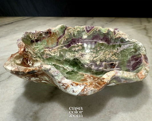 Green and Purple Translucent Fluorite Crystal Bowl