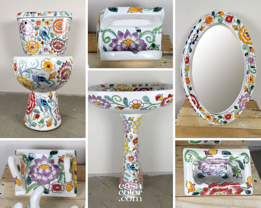 13 Piece Talavera Hand Painted Flower Bathroom Set with Pedestal Sink.  Bathroom Fixtures Home Dec.