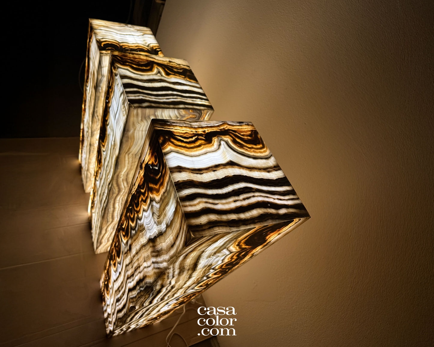 Magnificent Unique Set of Three Fiery Onyx Light Towers