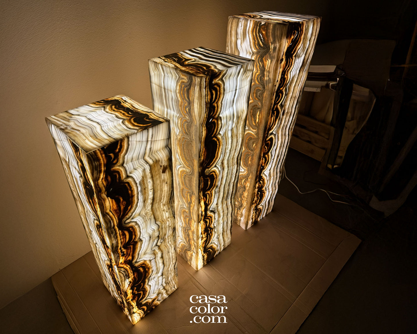 Magnificent Unique Set of Three Fiery Onyx Light Towers