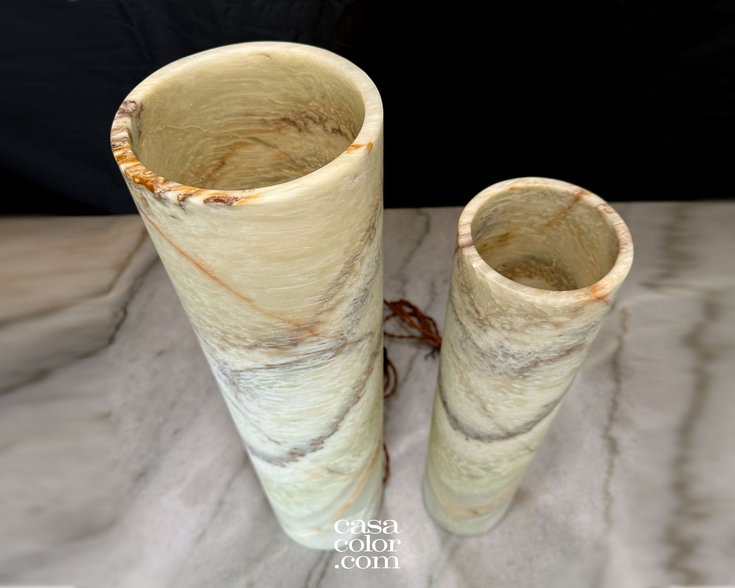 Set of Two Translucent Green and Beige Onyx Lamps