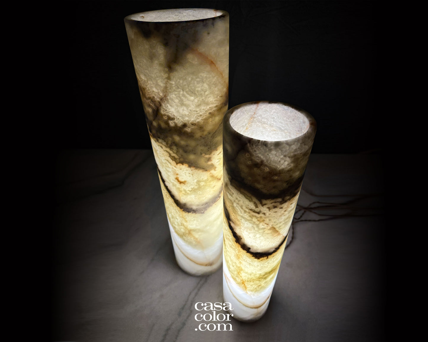 Set of Two Translucent Green and Beige Onyx Lamps