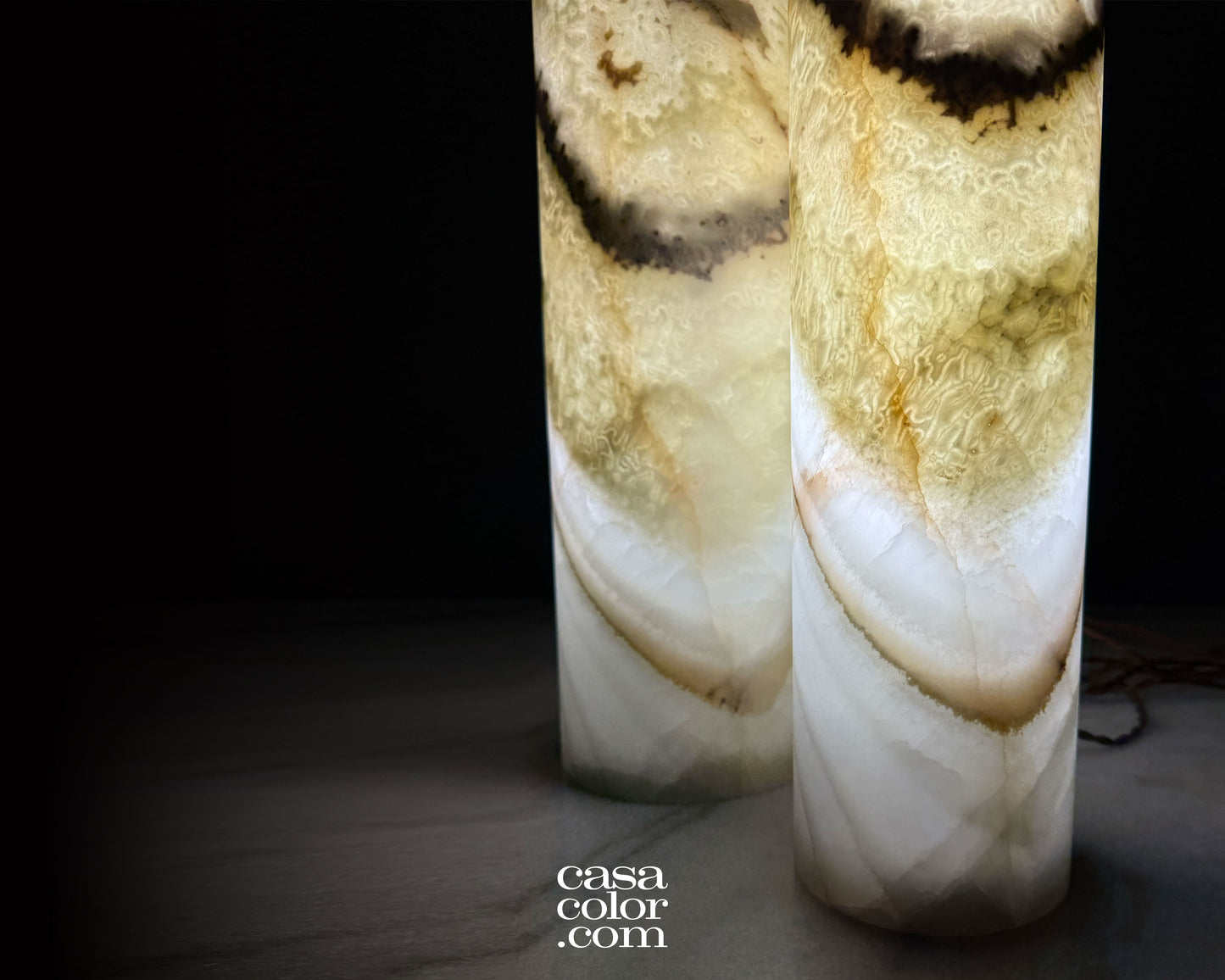 Set of Two Translucent Green and Beige Onyx Lamps