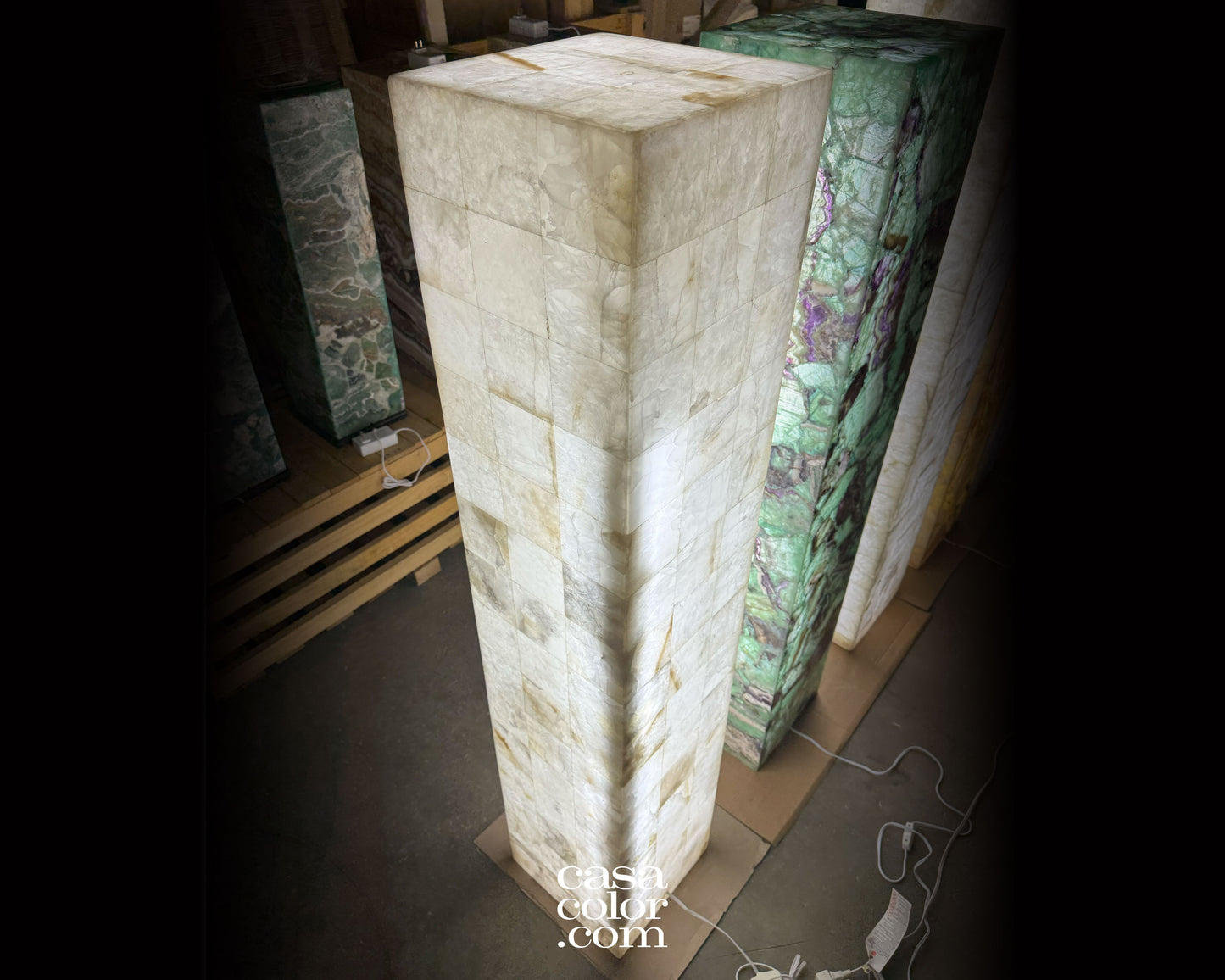 Tall White Onyx Mosaic Light Tower 60.5"