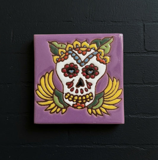 4x4 Inch Purple Hand- Painted Skeleton Tile