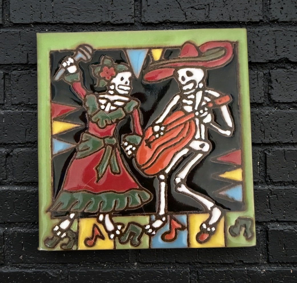 4x4 Inch Dancing Hand- Painted Skeleton Tile