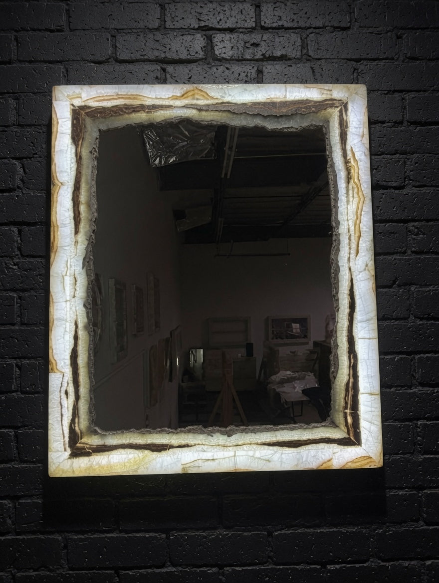 Set Of 2 White Vanity Backlit Onyx Mirrors with Brown Banding.