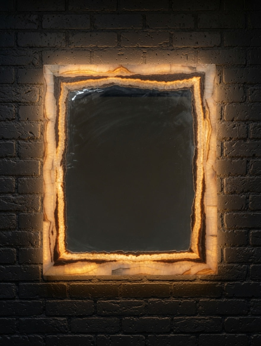 Set Of 2 White Vanity Backlit Onyx Mirrors with Brown Banding.