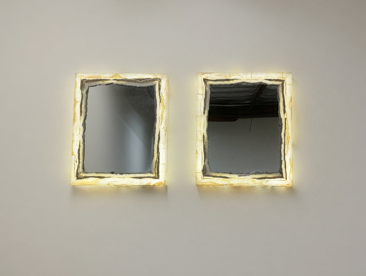Set Of 2 White Vanity Backlit Onyx Mirrors with Brown Banding.