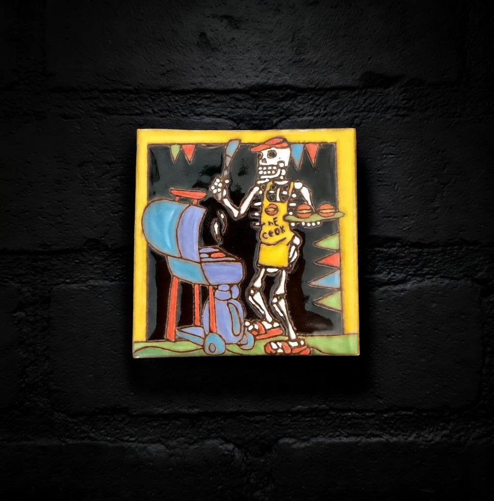 4x4 Inch Hand-Painted BBQ Skeleton Tile