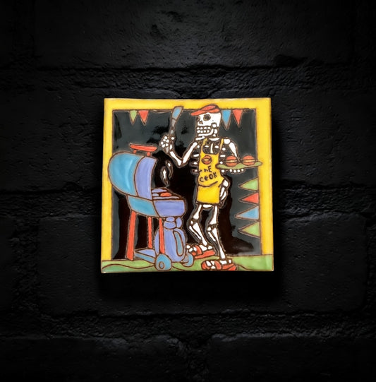 4x4 Inch Hand-Painted BBQ Skeleton Tile