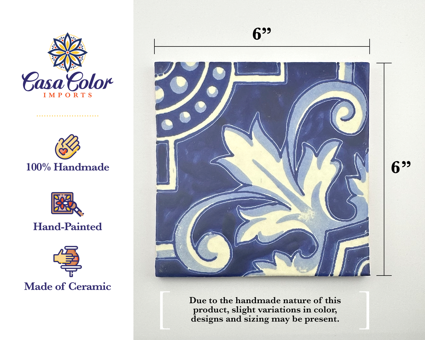 Floor Azul Hand Brush Handmade decorative Talavera tiles. 6x6 Matte finish. Can be used as drink coasters.