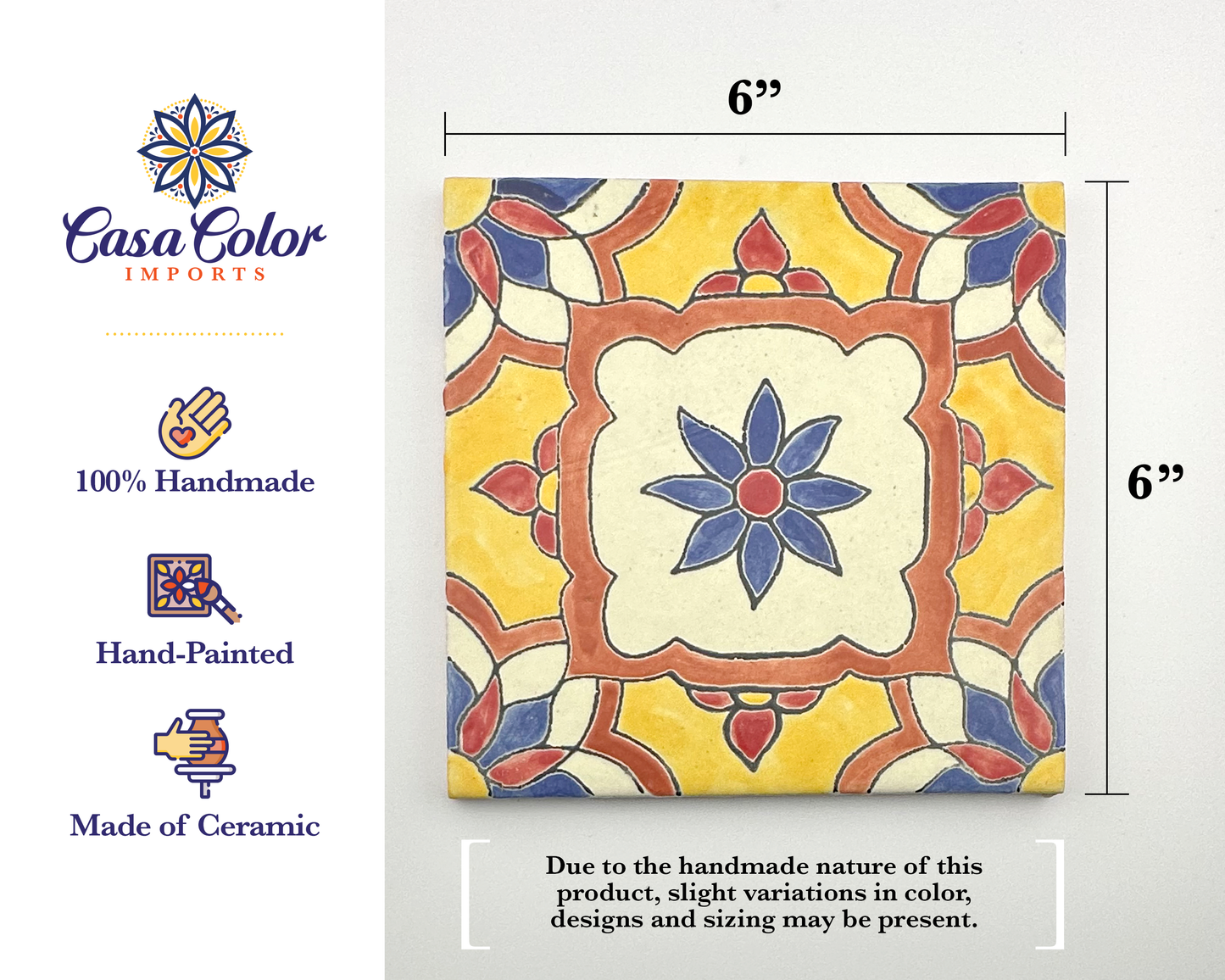 Flor de Primavera Hand Brush Handmade decorative Azulejo Talavera tiles. 6x6  Matte finish