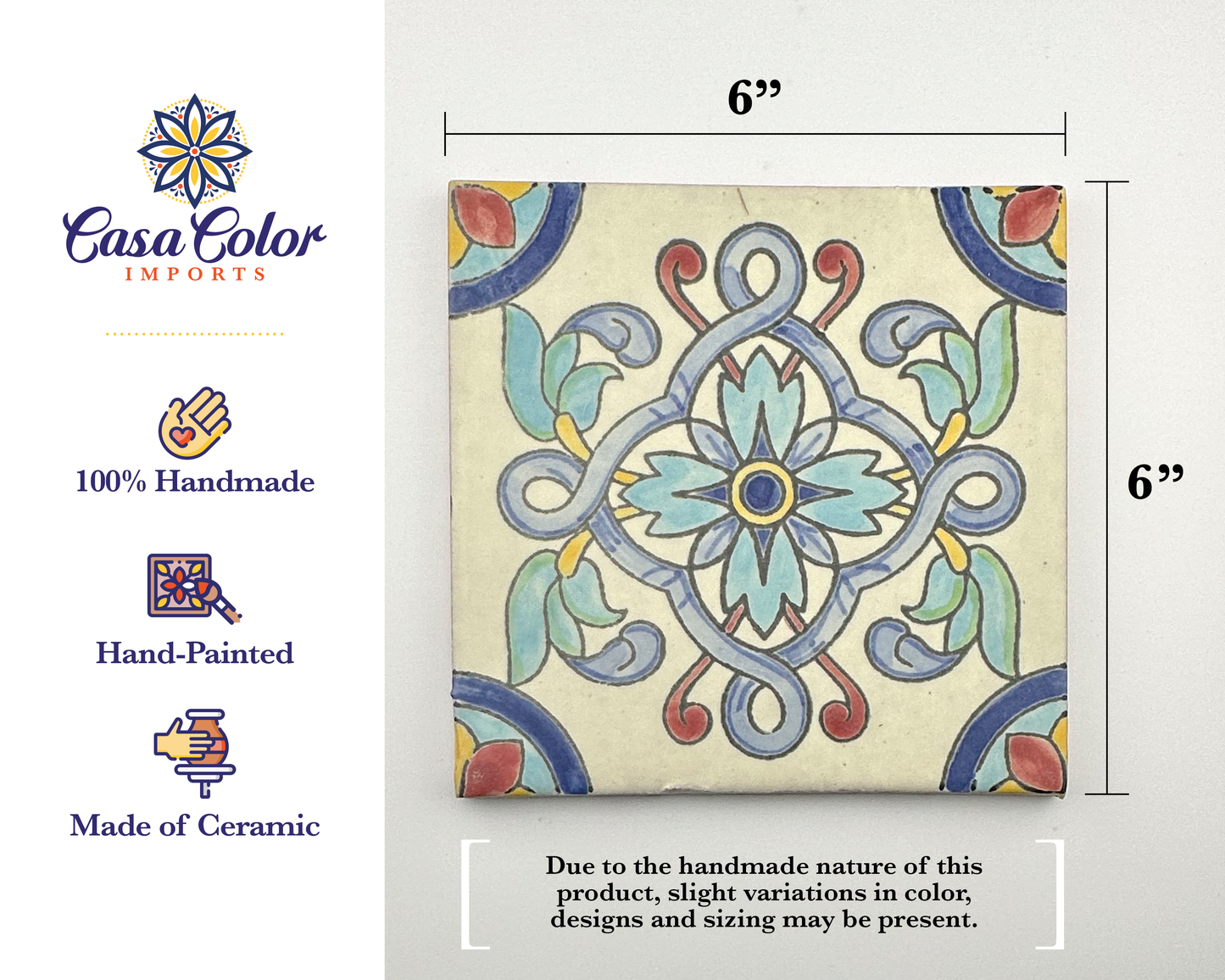 Tierna flor Hand Brush Handmade decorative Azulejo Talavera tiles. 6x6  Matte finish. Can be used as drink coasters