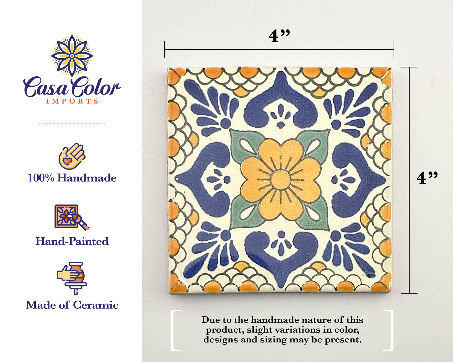 25 Decorative Talavera Tile. Yellow Flower Style 4x4.