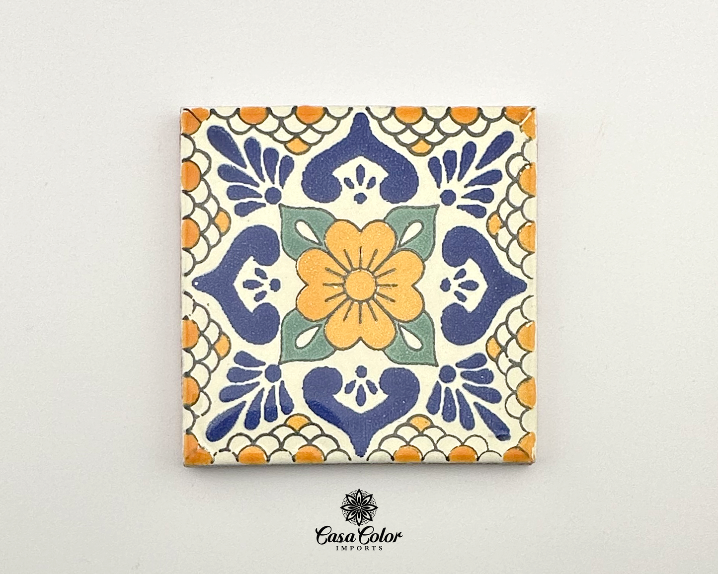 Talavera tile, blue, white and yellow flower. Size is 4X4