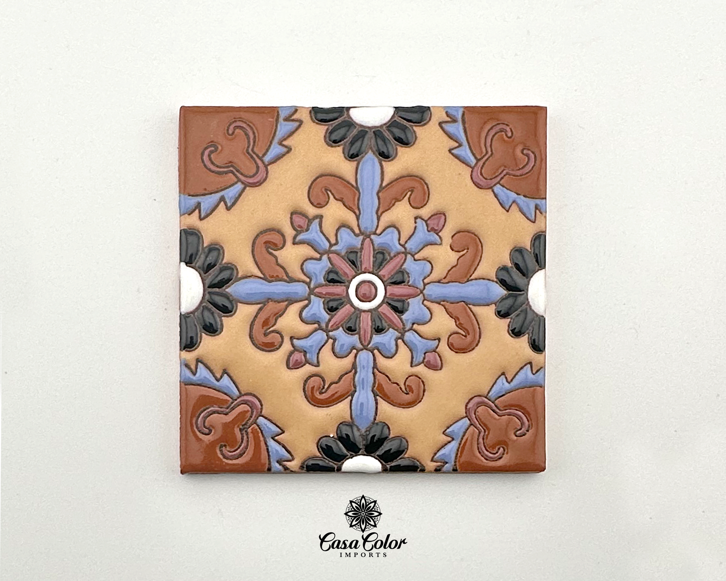 Moroccan style Talavera Tile. This is a brown tile with glossy relief. The size is 4x4.