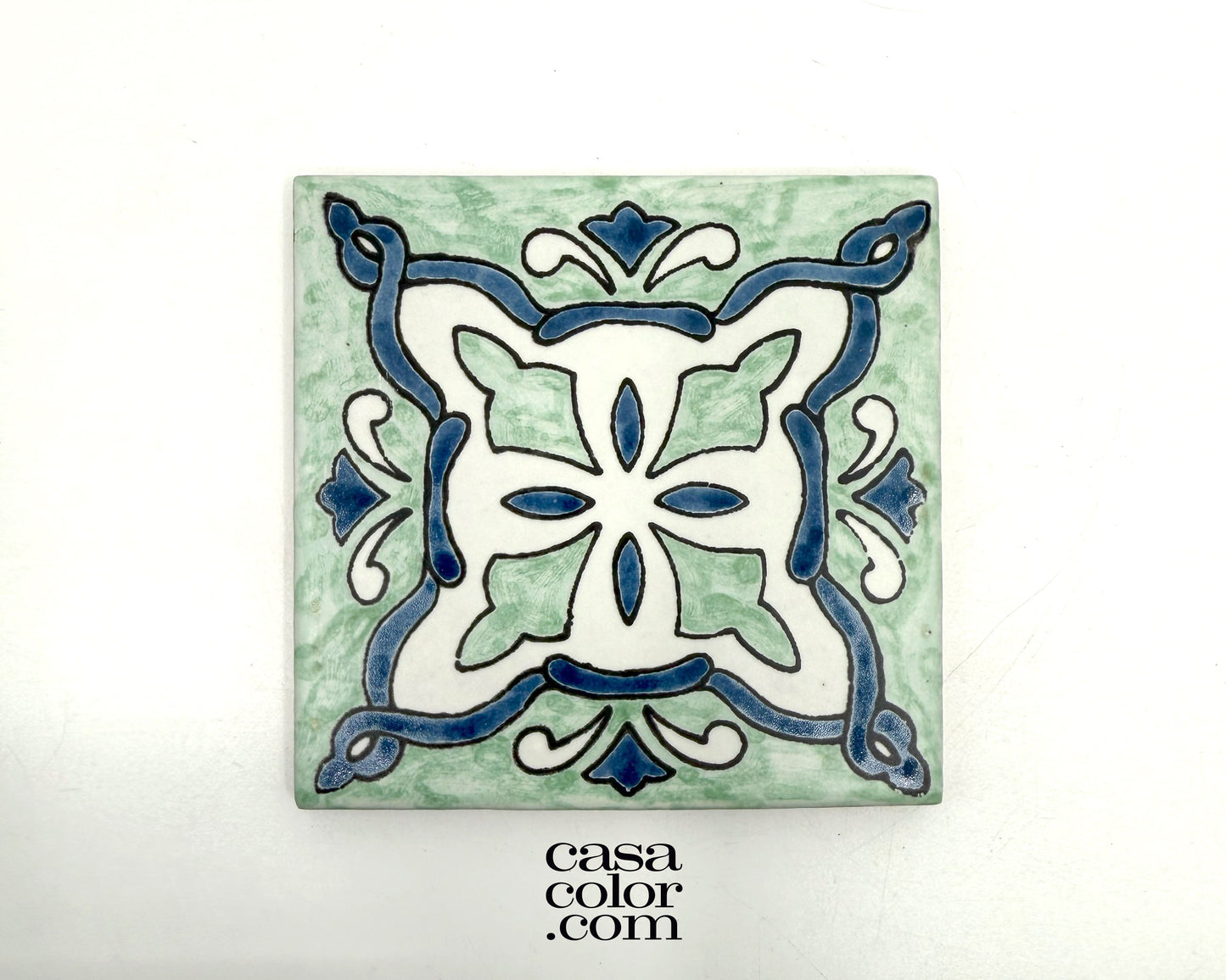 Mexican Talavera Hand Brush Tile 4x4 Blue and White Flower.