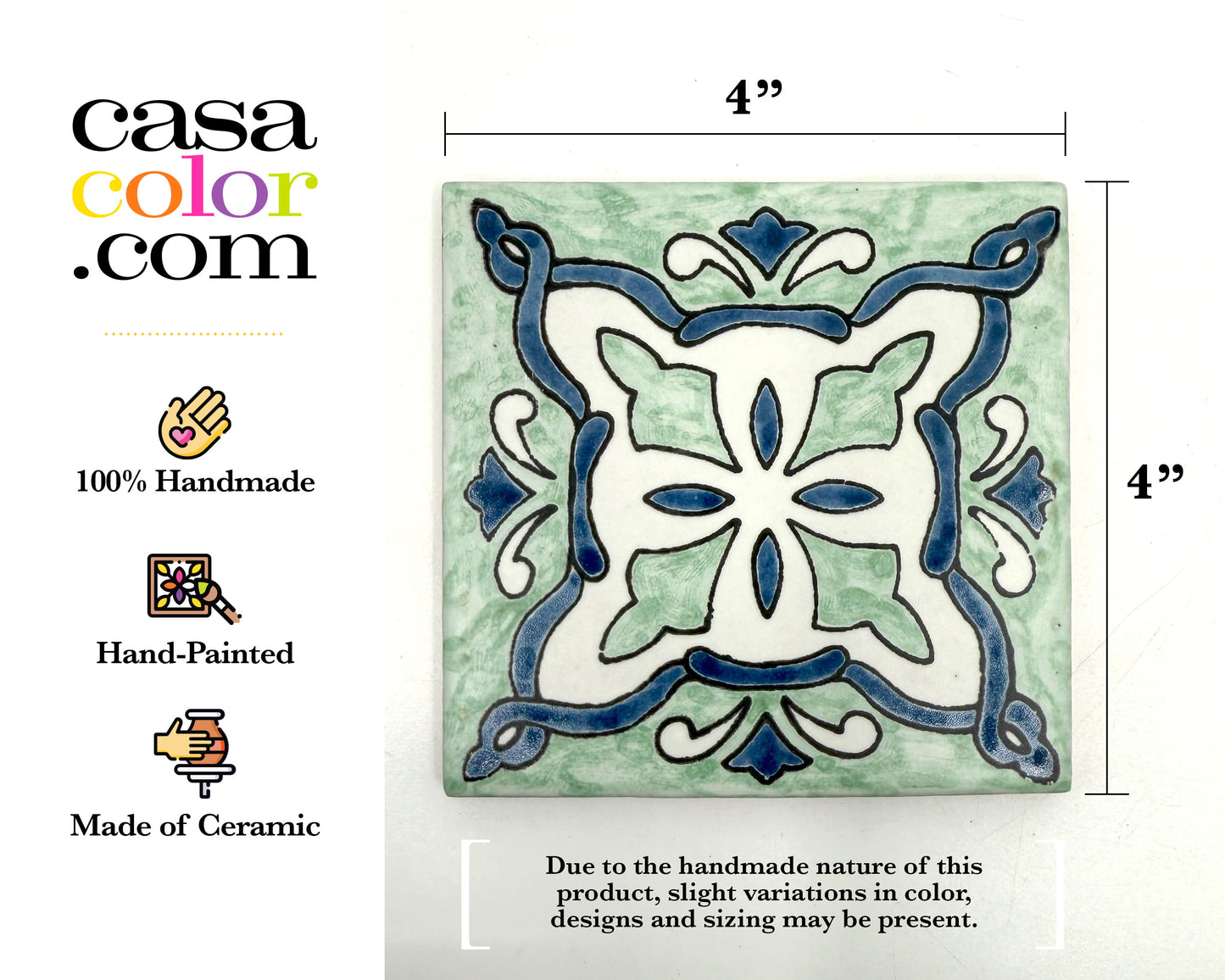 Mexican Talavera Hand Brush Tile 4x4 Blue and White Flower.