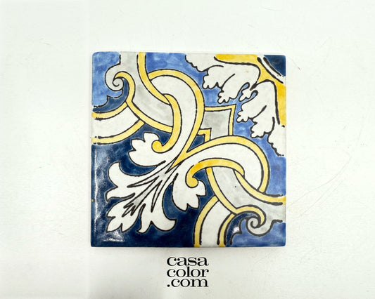 Mexican Talavera Hand Brush Tile 4x4 Blue and Yellow