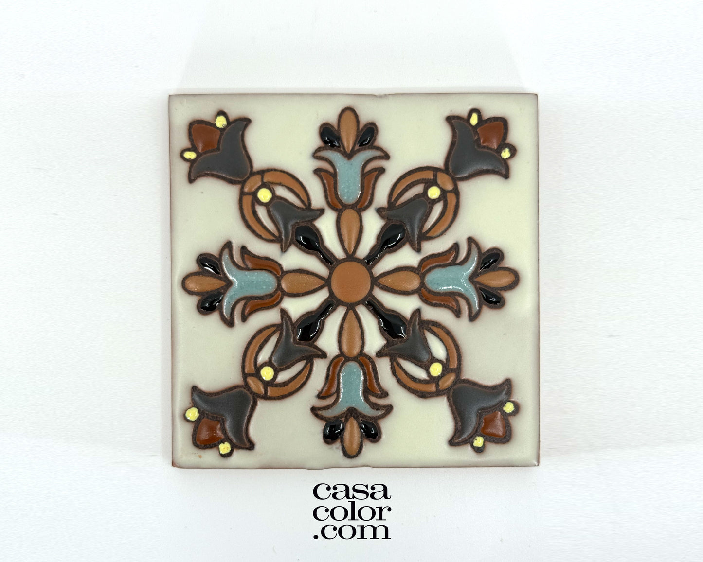 4"x4" Flower/Spade High Relief Tile. Hand-Painted Tile.
